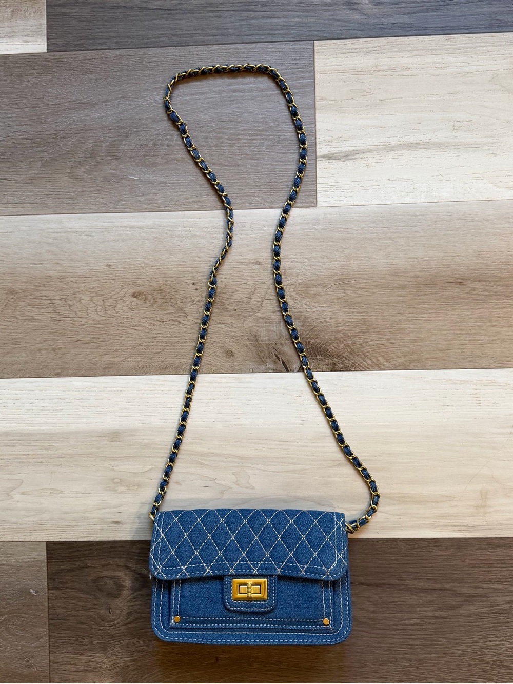 Altar'd State Blue Quilted Denim Crossbody with Gold Chain Trim